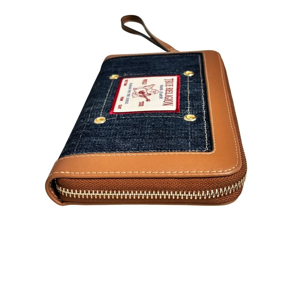 True Religion Denim Zip Around Wristlet Wallet Blue Brown Buddha Logo Patch